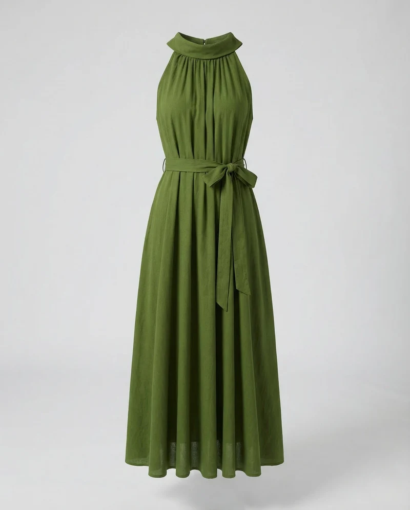 Damen Maxikleid Stehkragen Leinenoptik