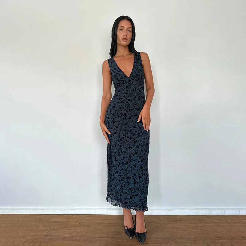 Damen Maxikleid mit floralem Spitzenmuster und tiefem V-Ausschnitt