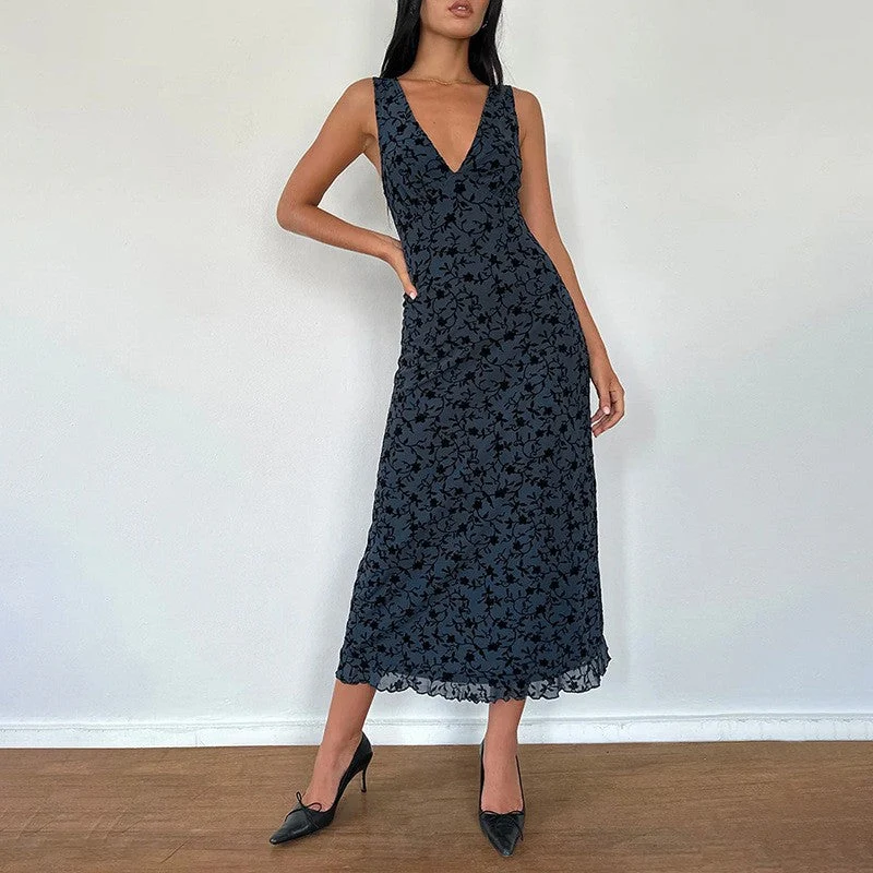 Damen Maxikleid mit floralem Spitzenmuster und tiefem V-Ausschnitt
