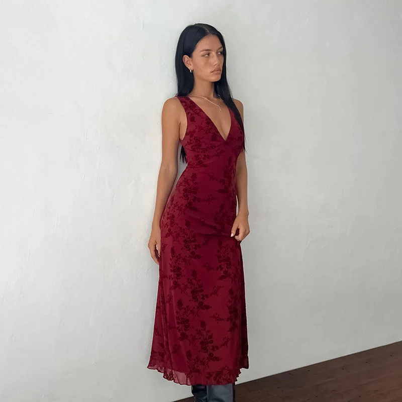 Damen Maxikleid mit floralem Spitzenmuster und tiefem V-Ausschnitt