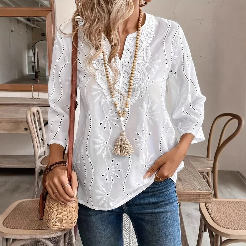 Damen elegante Tambour-Bluse mit floralen Stickereien