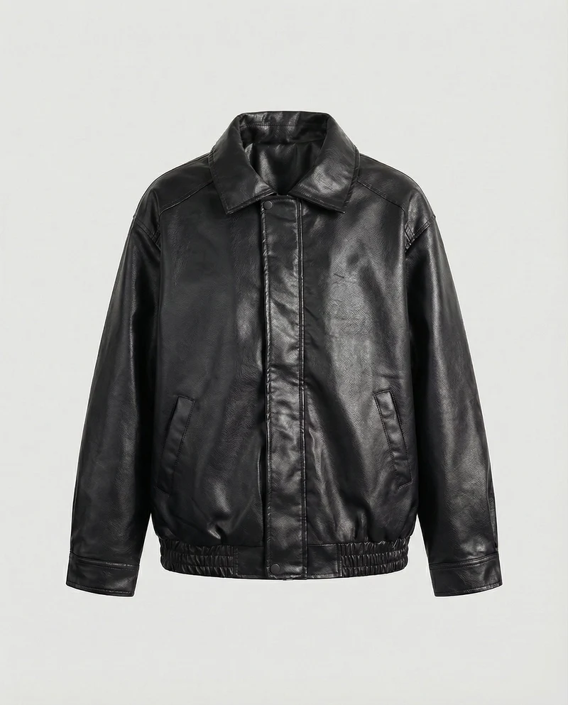 Herren oversized Lederimitat-Zipjacke mit Hemdkragen kastiger Silhouette und Einschubtaschen