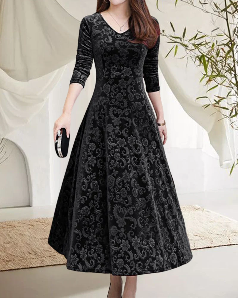 Klassisches Damenkleid mit mittellangen Ärmeln und Allover-Design