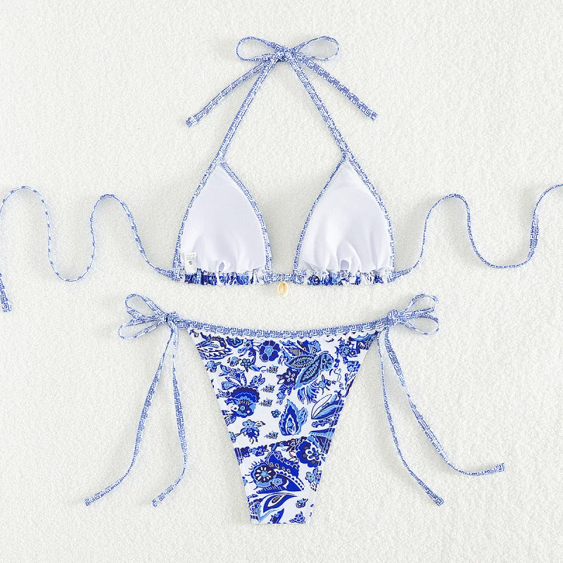 Damen Triangel-Bikini mit verspielten Schleifen und filigranem Muster