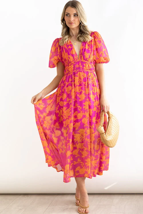 Real Love Print Puffärmel Maxi Kleid