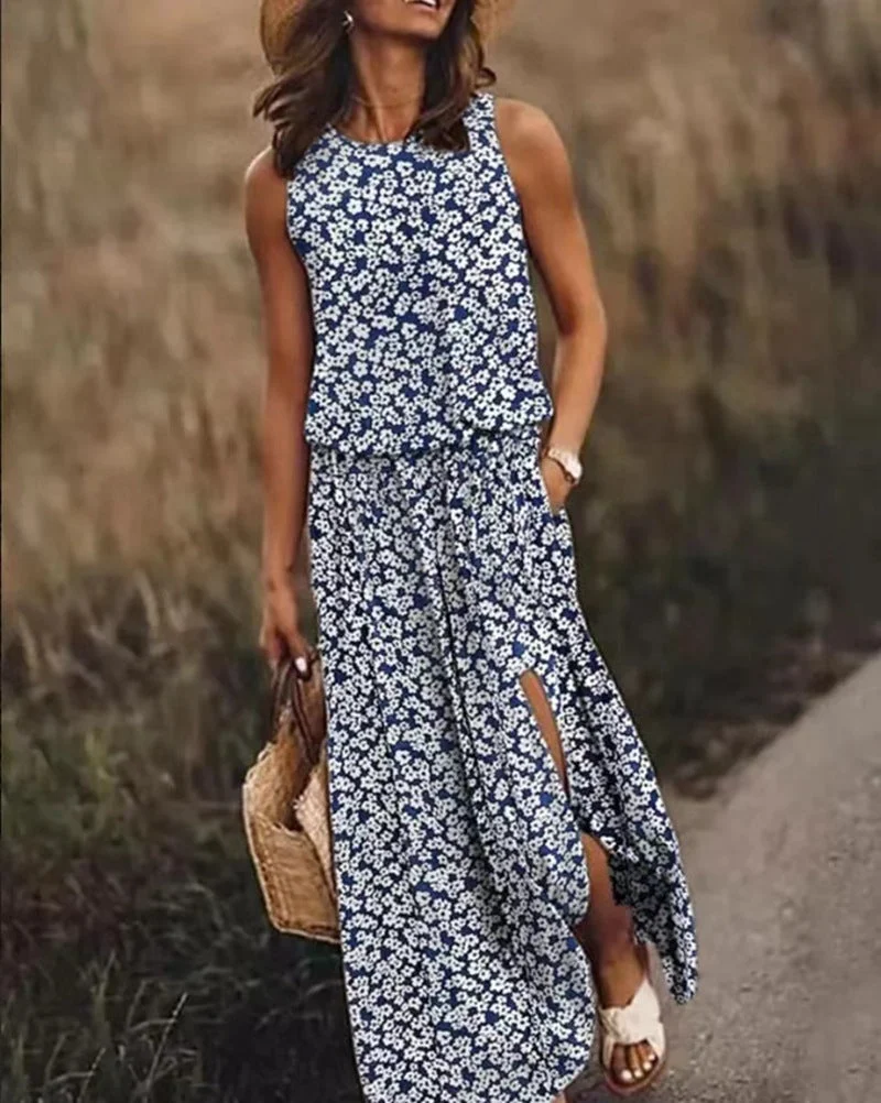 Damen Maxikleid mit floralem Schnitt und bequemen Taschen