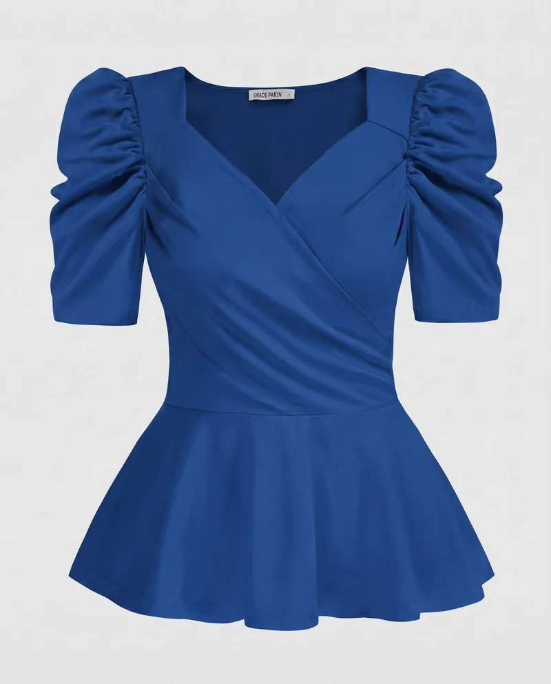 Damen Elegante Bluse mit Puffärmeln und Wickeldesign Nord Taschen