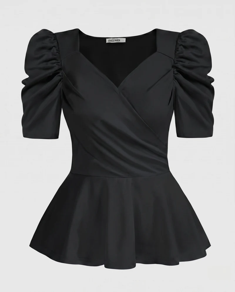 Damen Elegante Bluse mit Puffärmeln und Wickeldesign Nord Taschen