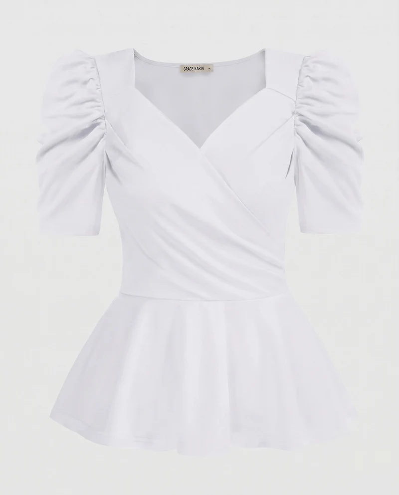 Damen Elegante Bluse mit Puffärmeln und Wickeldesign Nord Taschen