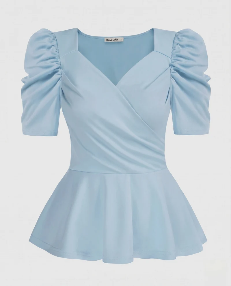 Damen Elegante Bluse mit Puffärmeln und Wickeldesign Nord Taschen