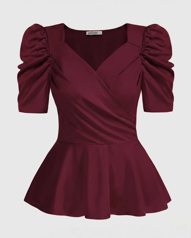 Damen Elegante Bluse mit Puffärmeln und Wickeldesign Nord Taschen