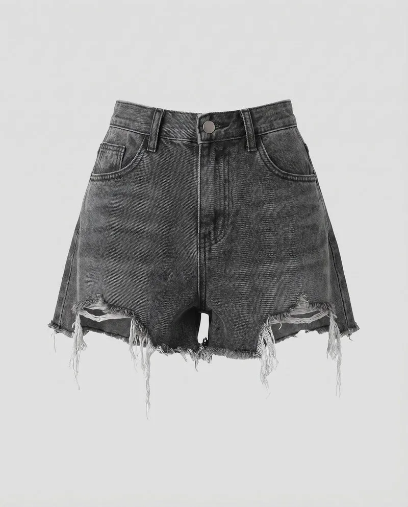 Damen Denim-Shorts High-Waist Asymmetrisch Used-Effekt
