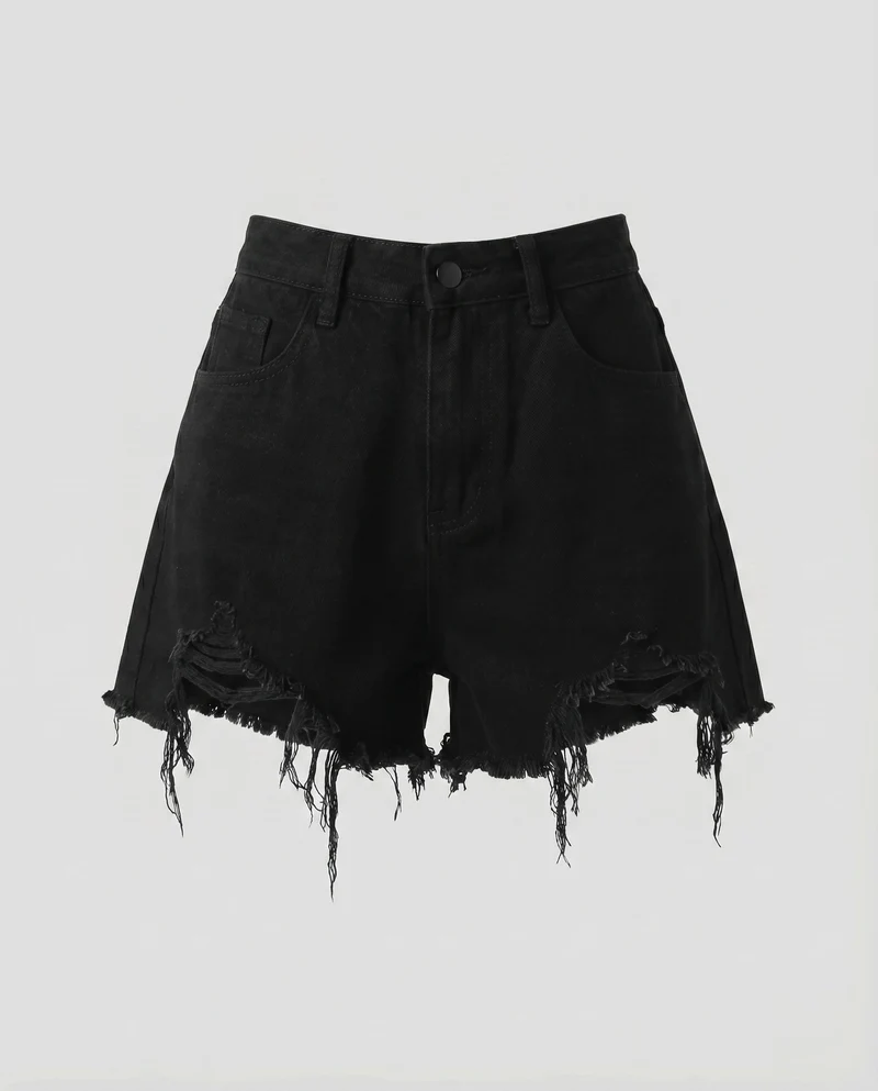 Damen Denim-Shorts High-Waist Asymmetrisch Used-Effekt