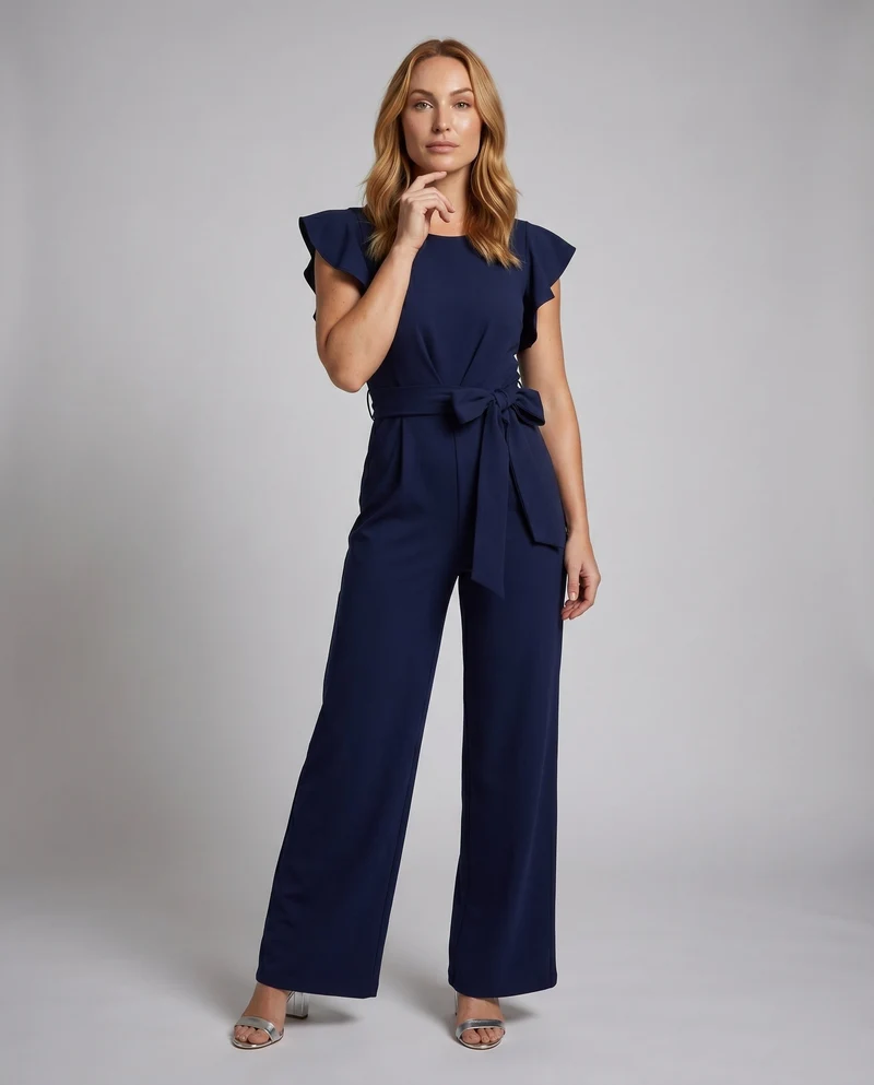 Damen Eleganter Jumpsuit mit Rüschenärmeln und Taillenbund Arvani