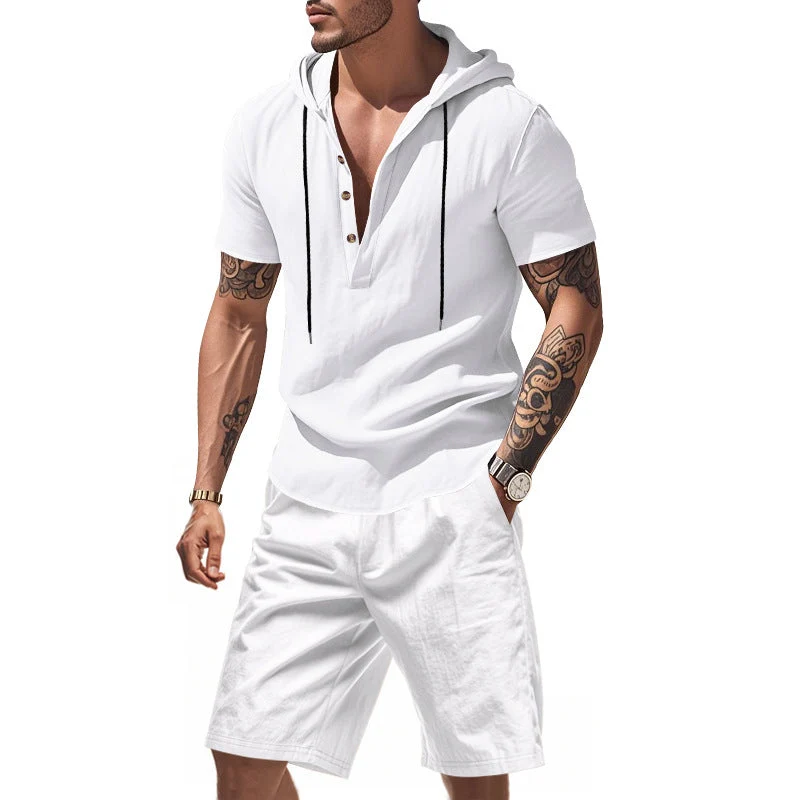 Herren lässiges Kurzarmhemd mit Kapuze und Shorts
