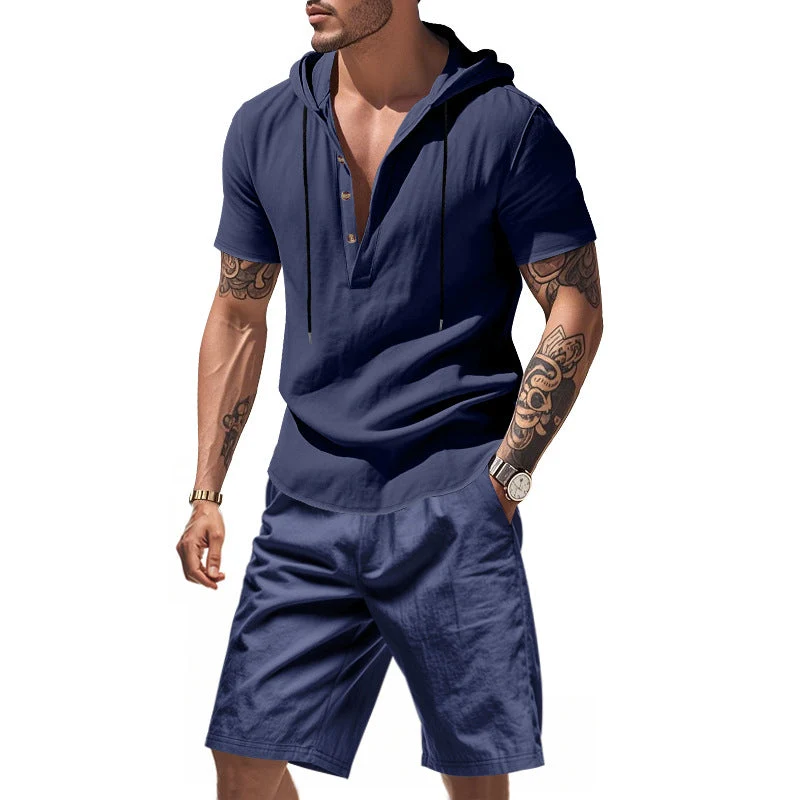 Herren lässiges Kurzarmhemd mit Kapuze und Shorts