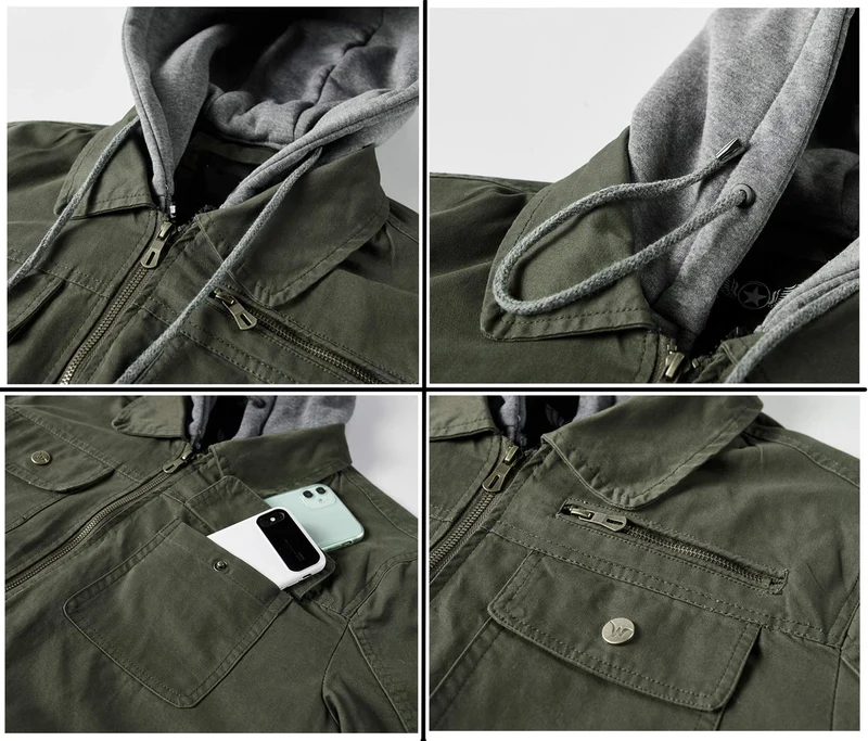 Herren vielseitige Übergangsjacke mit integrierter Kapuze und praktischen Taschen
