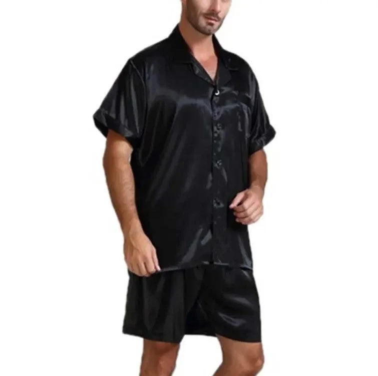 Damen Satin-Pyjama-Set mit kurzer Hose und elegantem Kragen Nord Taschen