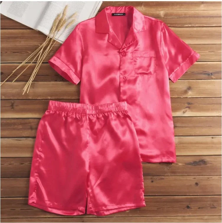 Damen Satin-Pyjama-Set mit kurzer Hose und elegantem Kragen Nord Taschen