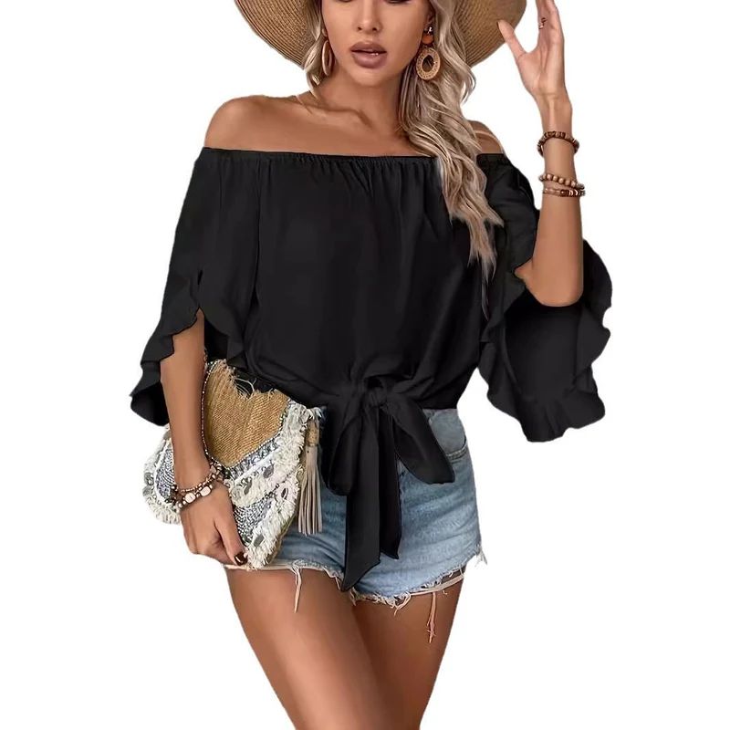 Damen Off-Shoulder-Bluse mit Rüschendetails und Taillenbindung