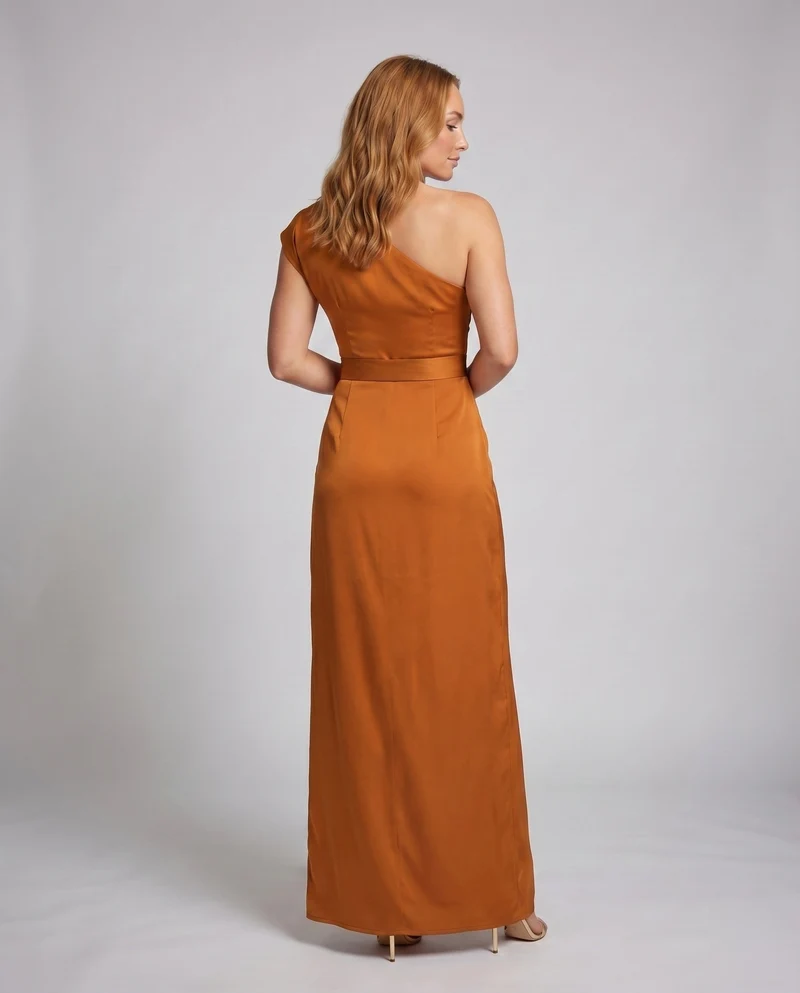 Damen Satinabendkleid Einschulter-Design Tailliert Wickelschlitz