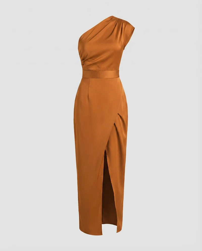 Damen Satinabendkleid Einschulter-Design Tailliert Wickelschlitz