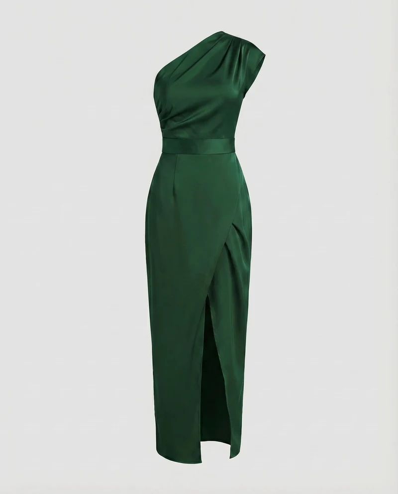 Damen Satinabendkleid Einschulter-Design Tailliert Wickelschlitz