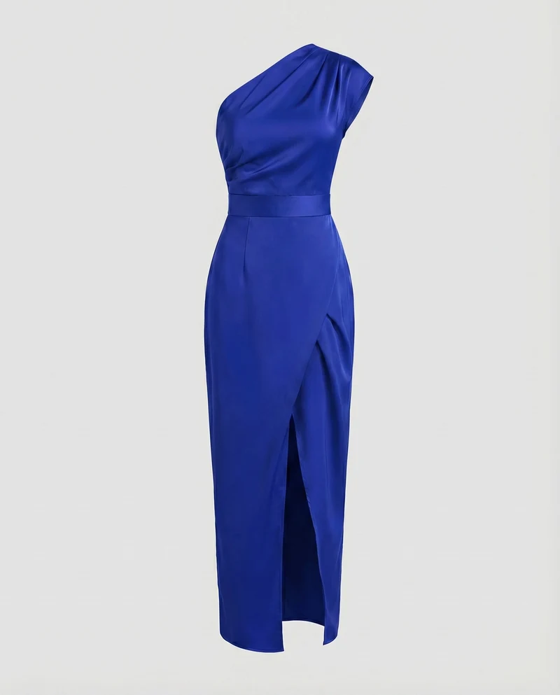 Damen Satinabendkleid Einschulter-Design Tailliert Wickelschlitz