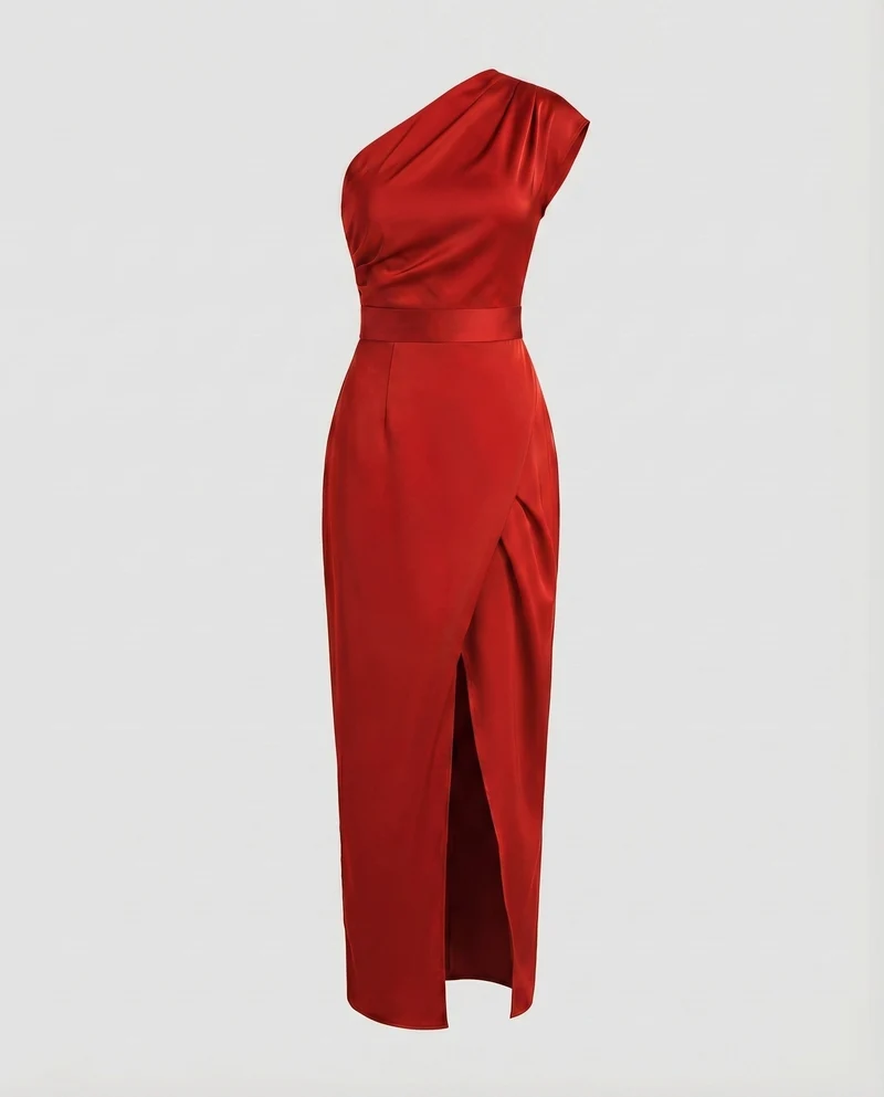 Damen Satinabendkleid Einschulter-Design Tailliert Wickelschlitz