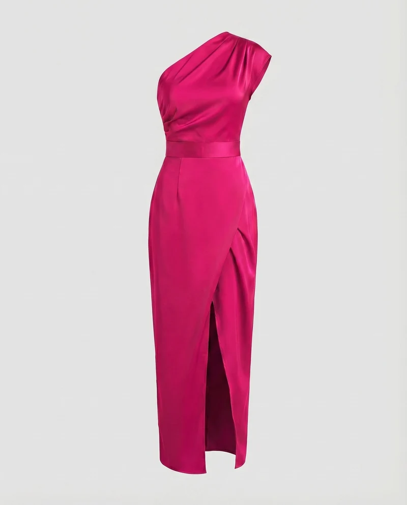 Damen Satinabendkleid Einschulter-Design Tailliert Wickelschlitz