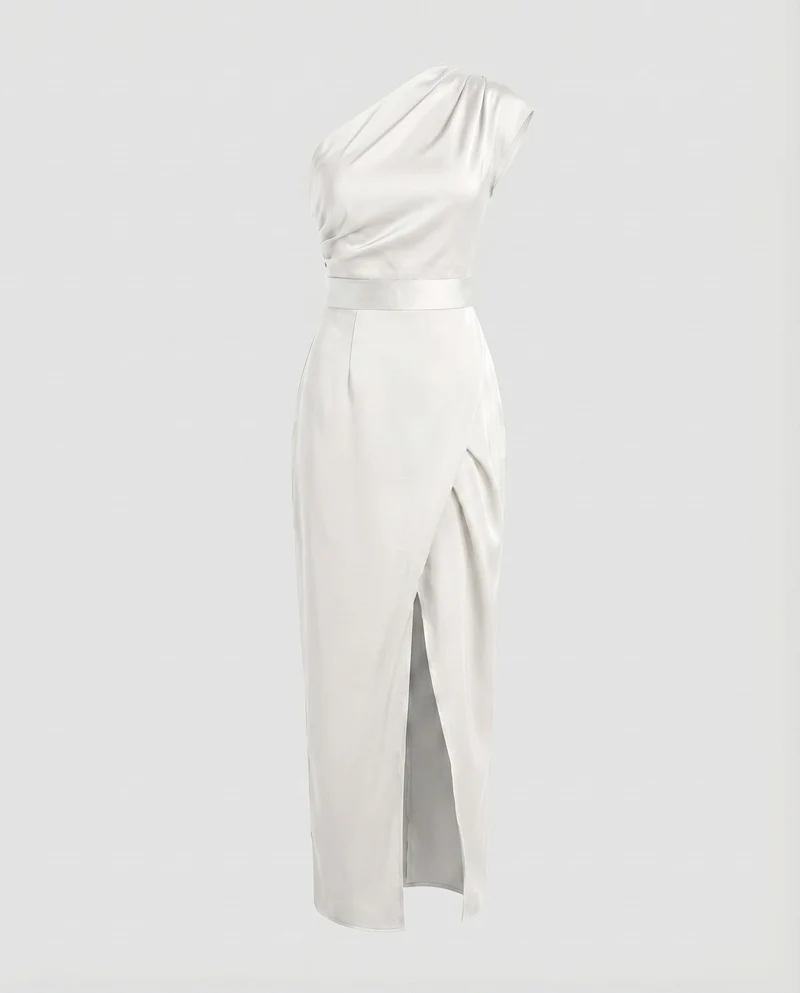 Damen Satinabendkleid Einschulter-Design Tailliert Wickelschlitz