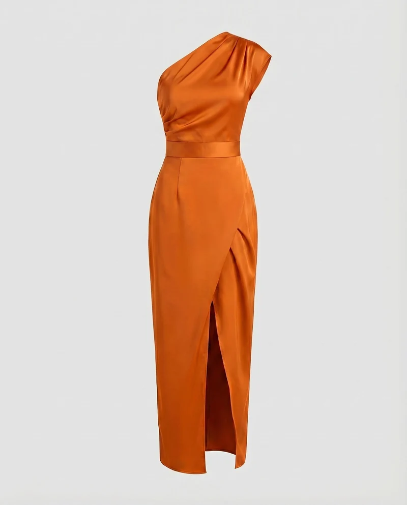 Damen Satinabendkleid Einschulter-Design Tailliert Wickelschlitz