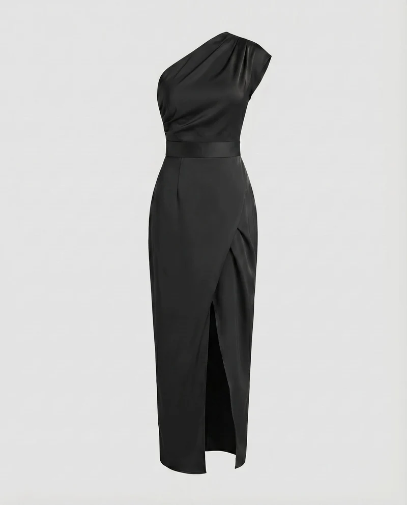 Damen Satinabendkleid Einschulter-Design Tailliert Wickelschlitz