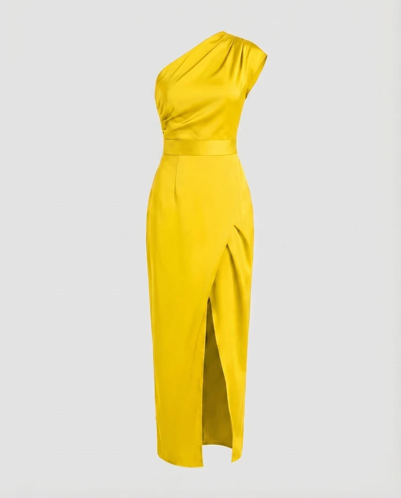 Damen Satinabendkleid Einschulter-Design Tailliert Wickelschlitz