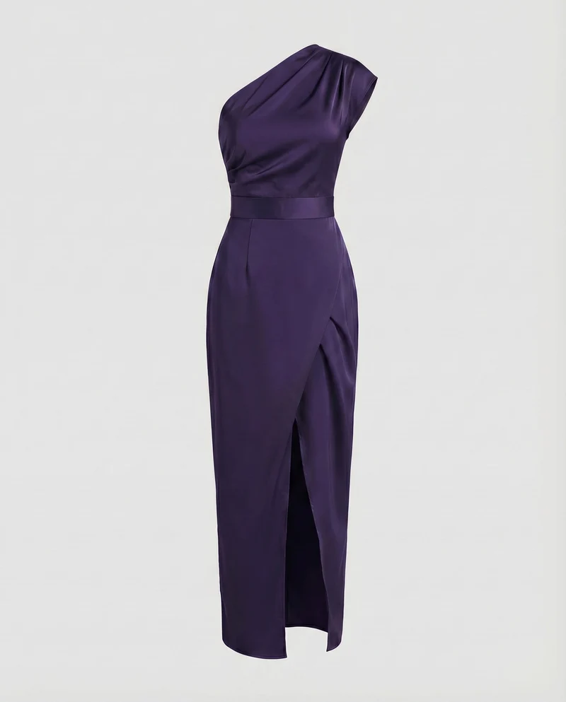 Damen Satinabendkleid Einschulter-Design Tailliert Wickelschlitz