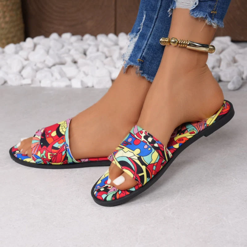Damen Badesandalen mit buntem Musterdruck und verstellbarem Riemendesign