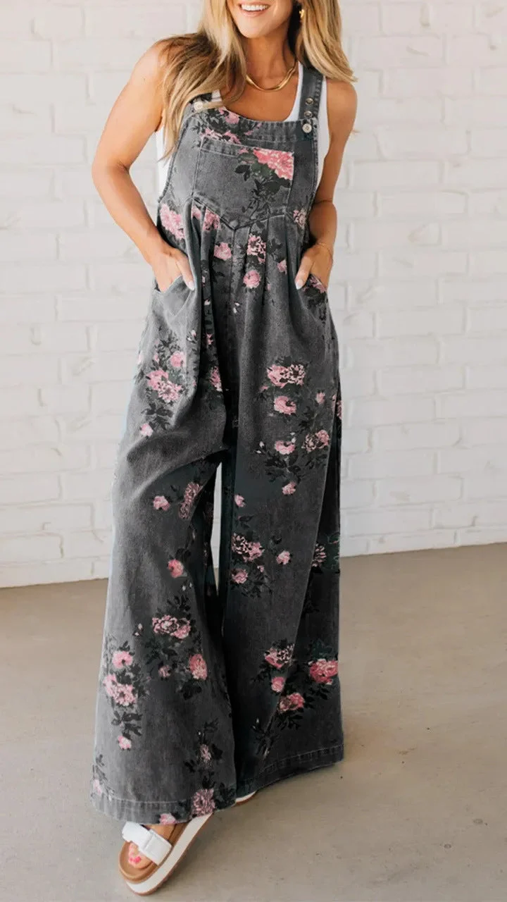 Damen Lässiger Denim-Hosenanzug mit floralem Print und weiten Beinen