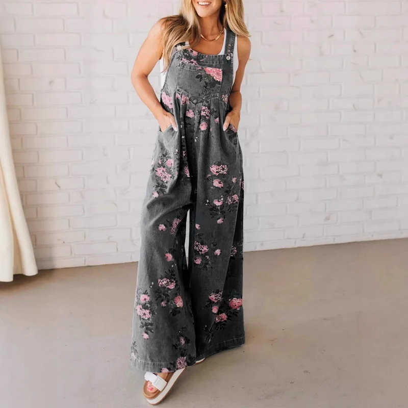 Damen Lässiger Denim-Hosenanzug mit floralem Print und weiten Beinen