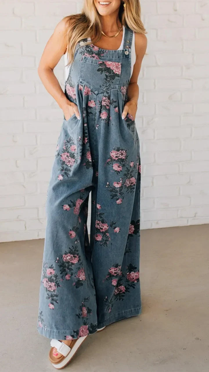 Damen Lässiger Denim-Hosenanzug mit floralem Print und weiten Beinen