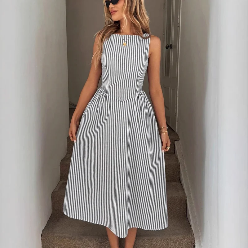 Damen Elegantes Midi-Kleid im Streifenlook