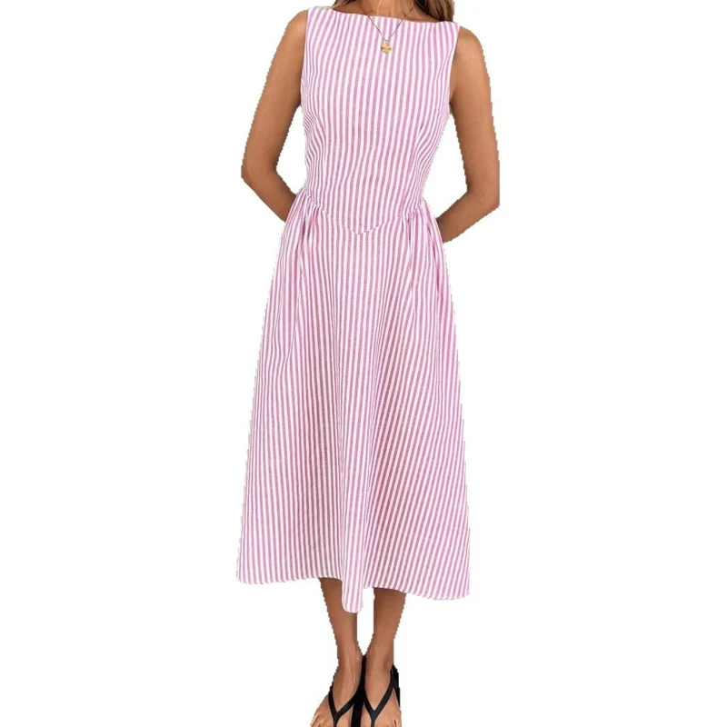 Damen Elegantes Midi-Kleid im Streifenlook