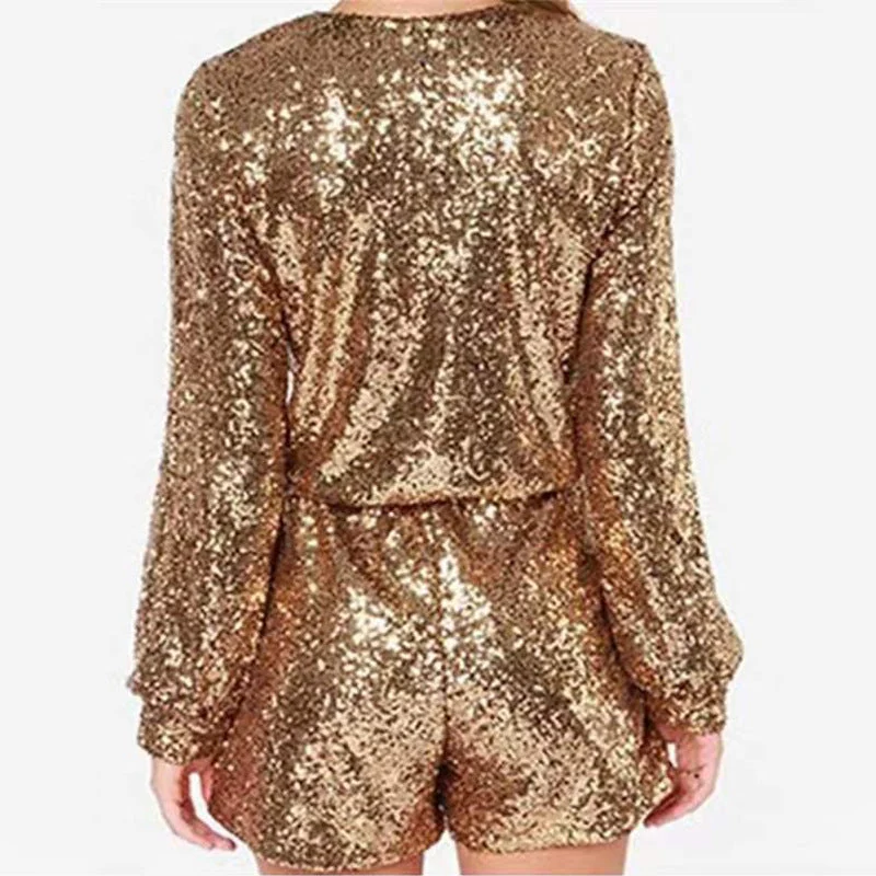 Damen Kurzer Pailletten-Jumpsuit Langarm mit V-Ausschnitt