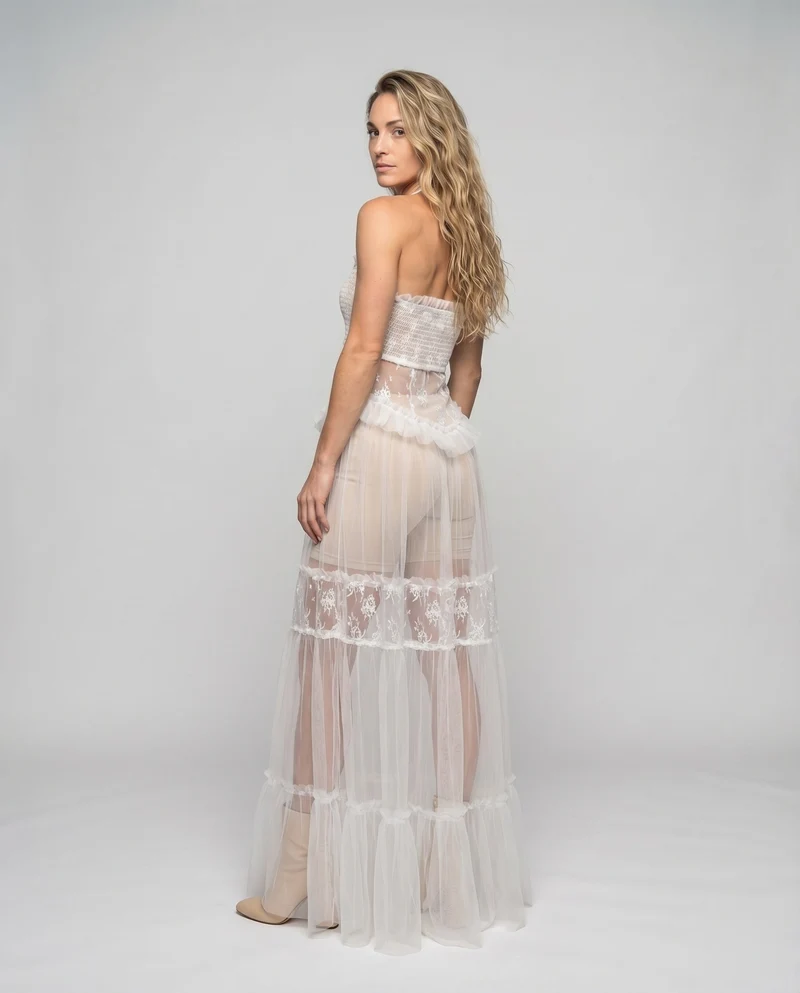 Damen Tüll-Abendkleid Korsagenbustier Spitzenapplikationen Stufenrock