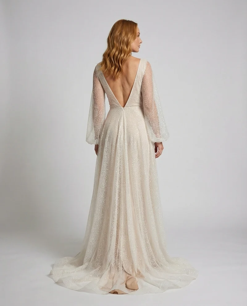 Damen A-Linien Brautkleid Glitzer Punkt-Tüll V-Ausschnitt