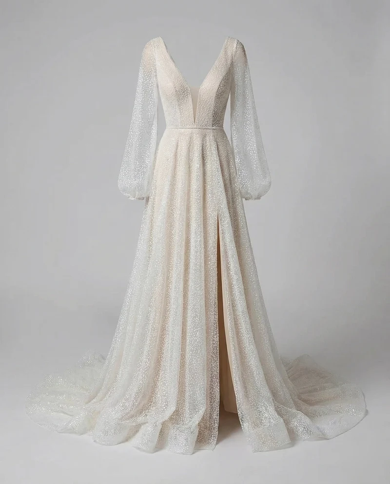 Damen A-Linien Brautkleid Glitzer Punkt-Tüll V-Ausschnitt
