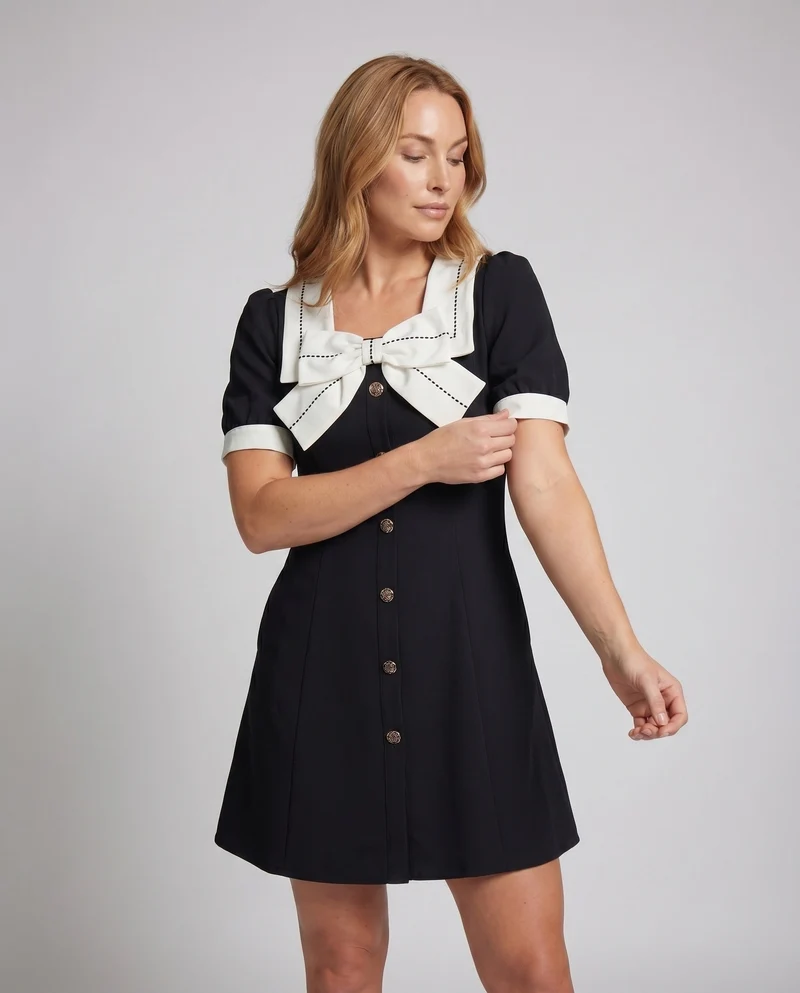 Damen Matrosen-Kurzkleid Übergroßer Kragen Puffärmel Zierknopfleiste