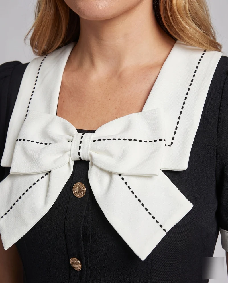 Damen Matrosen-Kurzkleid Übergroßer Kragen Puffärmel Zierknopfleiste