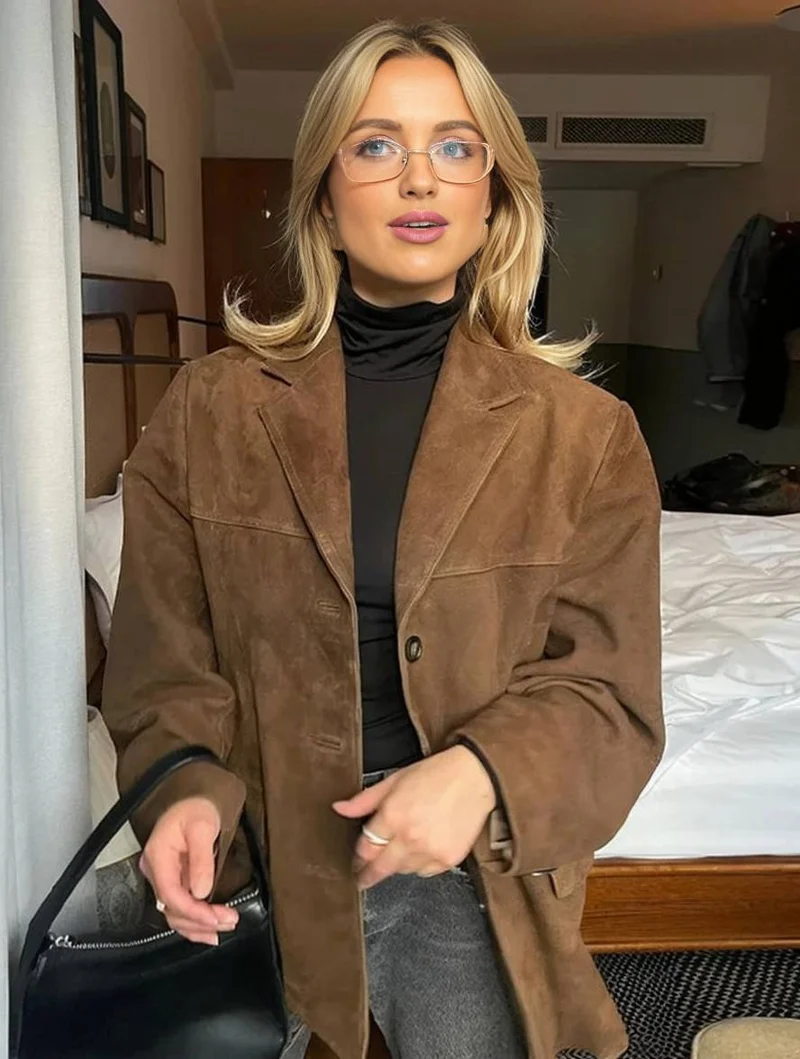 Blazer Knopf Taschen Lange Ärmel Damen Elegant Vintage Lässig Wildlederjacke
