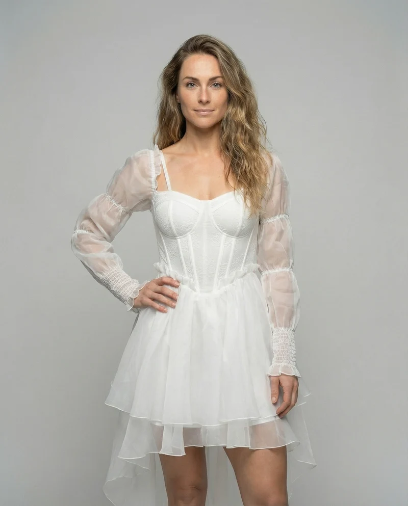 Damen nan Miederkorsett-Midikleid mit Off-Shoulder Puffärmeln und mehrlagigem asymmetrischem Stufenrock Nord Taschen