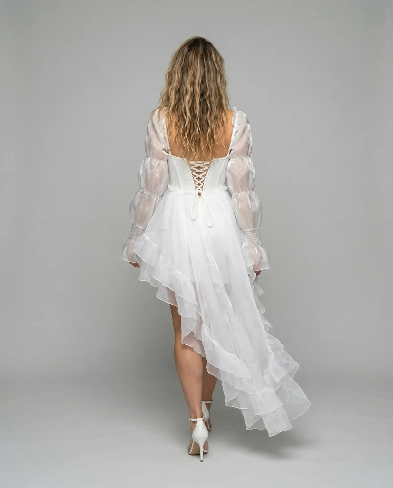 Damen nan Miederkorsett-Midikleid mit Off-Shoulder Puffärmeln und mehrlagigem asymmetrischem Stufenrock Nord Taschen